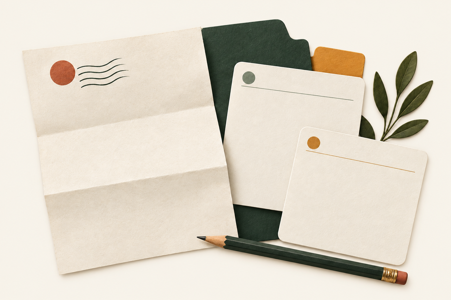 A folded school notice beside a green folder holding two blank note cards, with a dark green pencil.